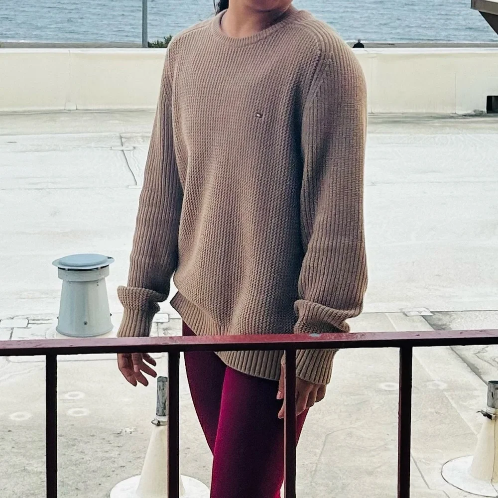 Tommy Hilfiger Beige Camel Knit Jumper Crew Neck Oversized Sweater - Picture 1 of 10